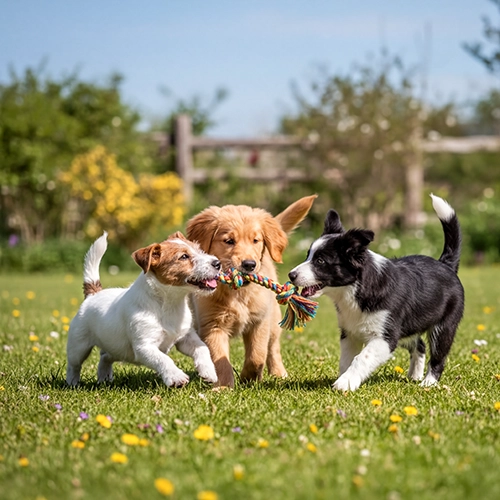 3 chiots jouant à l'extérieur