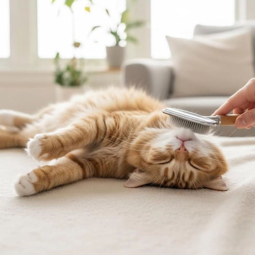 Chat couché sur le dos, se faisant brosser le cou