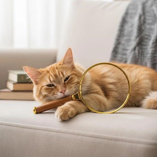 chat avec une loupe sur le canapé