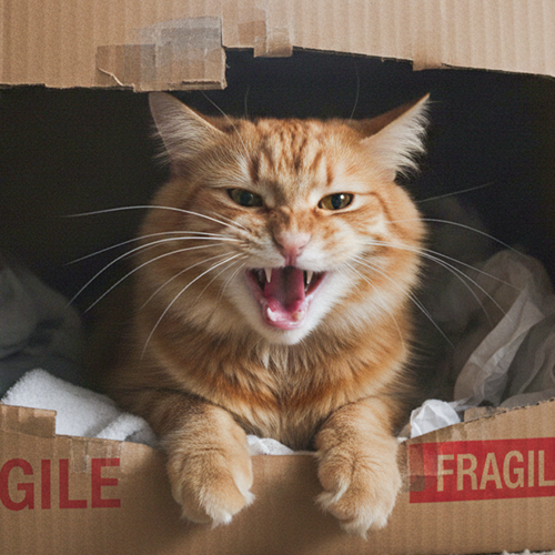 Chat qui feule en se cachant dans un carton