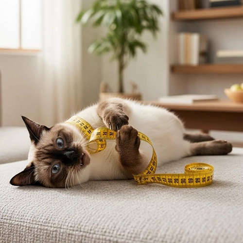 Un chat siamois jouant avec un mètre ruban sur le canapé
