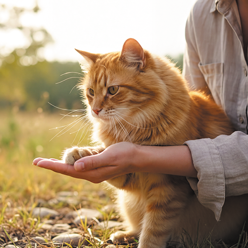 Chat posant une patte dans la main de son gardien