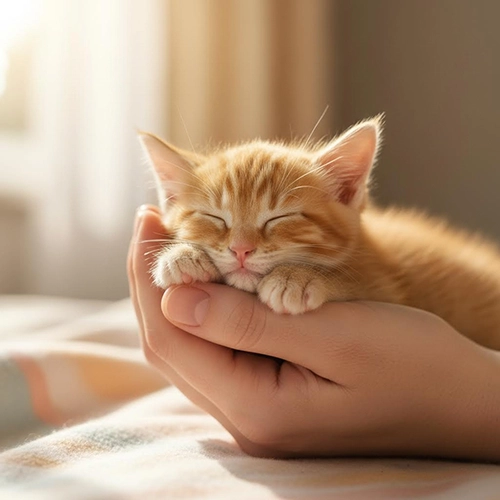chaton endormi dans les mains d'une femme