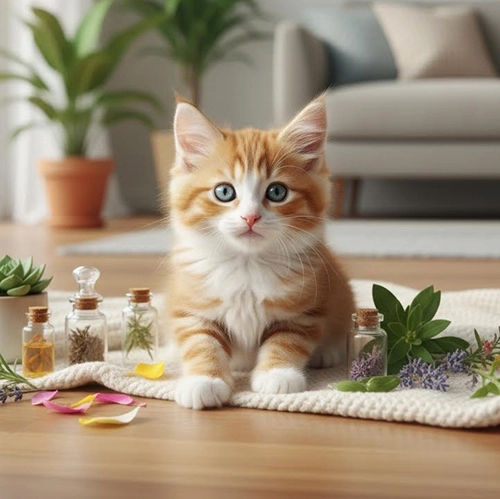 Chaton entouré d'extraits de plantes