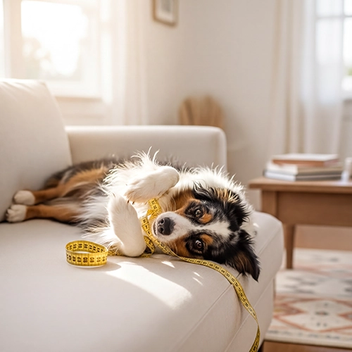 chien jouant avec un mètre ruban