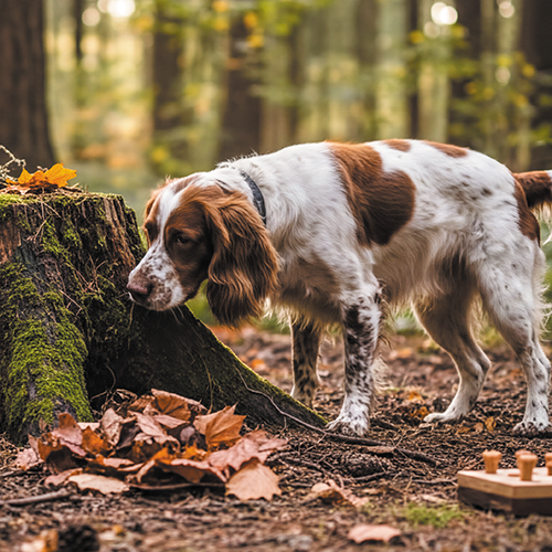 Chien qui flaire une souche d'arbre en foret