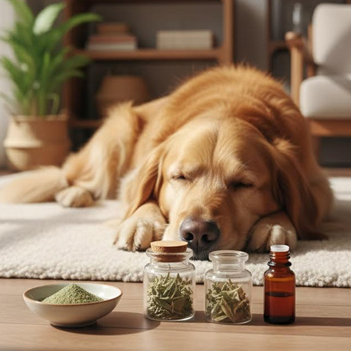 Un chien roux paisiblement couché en séance