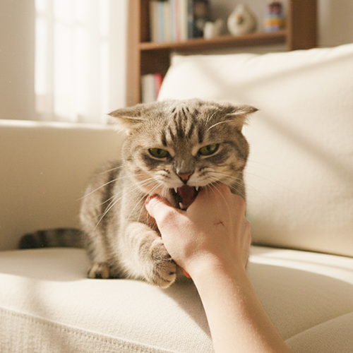 Chat qui mord une main