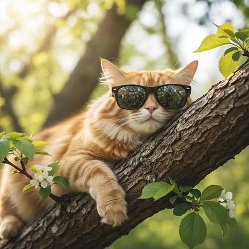 chat avec des lunettes de soleil, couché sur une branche d'arbre