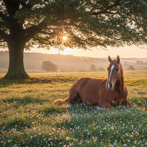 Cheval couché dans un prés au levé du soleil